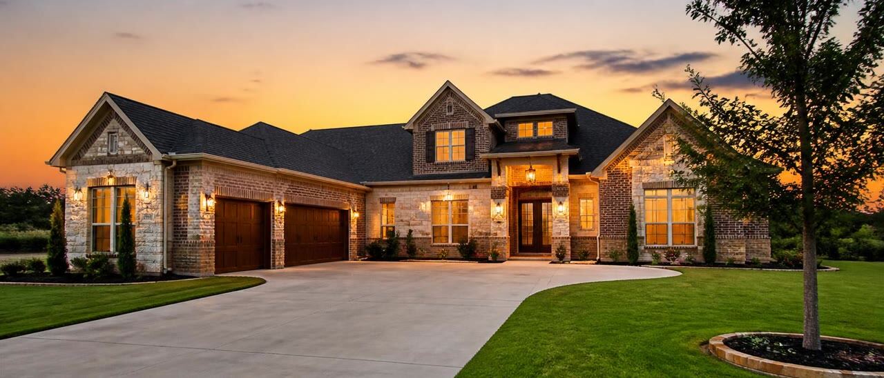 Texas ranch-style home exterior at dusk with warm lighting and a wide driveway